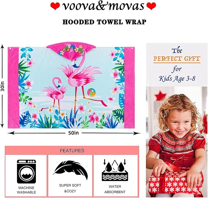 VOOVA & MOVAS Flamingo Hooded Towels for Girls Age 3-8, 30''X50, Soft | Thick |100% Cotton | Absorbent Wrap Towel, Perfect for Beach, Pool, Bath, Swim, Tropical Flamingo