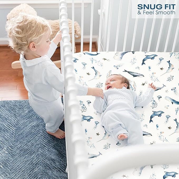 GRSSDER Stretch Ultra Soft Jersey Knit Fitted Crib Sheets Set 2 Pack, Universal Fit All Standard Crib Mattress Pads Safe and Snug, Crib Fitted Sheet with Deep Pocket, Original Design for Baby Boy