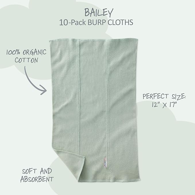 Butterblu Bailey 10-Pack Burp Cloths 100% Organic Cotton Knit for Newborn & Baby Boys & Girls, Seafoam Terra Rainbow, One Size