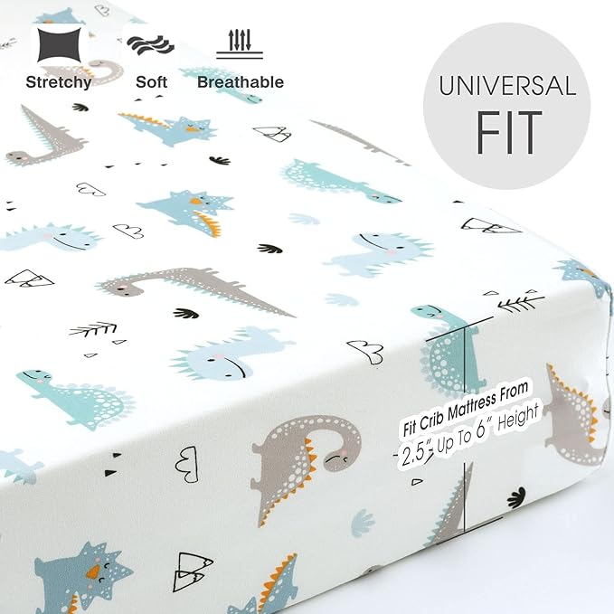 GRSSDER Stretchy Ultra Soft Jersey Knit Fitted Crib Sheets Set 2 Pack, Deep Pocket and Cozy Fits All Standard Crib Mattress Pads Safe and Snug, Happy Dinosaurs Print for Boys and Girls