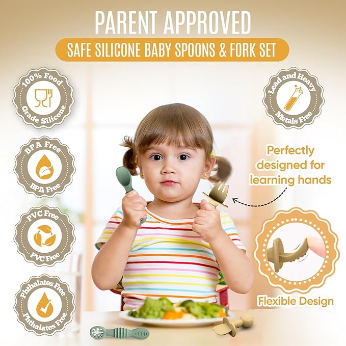 HippoBaby 4pc Silicone Baby Spoons Self Feeding Baby Utensils 6-12 Months - 3 Baby Spoon - 1 Baby Fork - Toddler Cutlery Set - BPA Free, Dishwasher Safe - Baby Eating Essentials (Green/Yellow) - Small