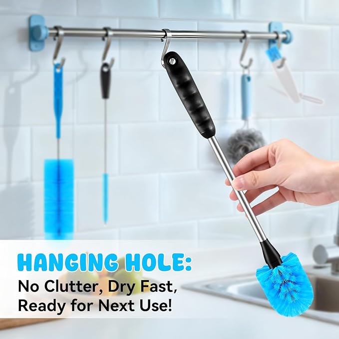 TOOUT Bottle Brush Set with Straw Cleaner Brush and 3 in 1 Cup Lid Cleaning Brush, Water Bottle Cleaner with Long Handle for Cleaning Narrow Neck Beer, Cup, Wine Glasses, Tumblers, Baby Bottles