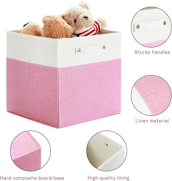 13 x 13 Inch Fine Linen Storage Bins with Handles，Fabric Cube Boxs，Basket Organizers for Shelves for Home, Closet Drawers (White/Pink-4 Pack)