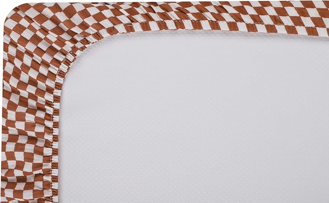 Onacosht Muslin Mini Crib Sheets, 39" x 27" Pack and Play Mattress Sheets Fitted for Pack N Play, Soft Cotton for Boys Girls, 2 Pack, Checker and Brown