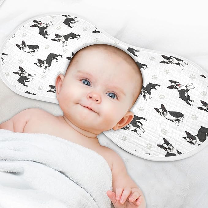 Qinllo 4 Pack Muslin Burp Cloths Boston Dogs Paw White Cotton Baby Burp Cloths Ultra Absorbent Soft Thick Burping Cloth for Newborn Babies 22x11 Inch