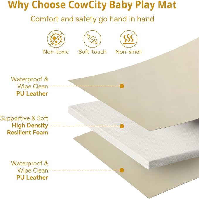 Baby Play Mat, 48 x 48 Inch Foldable PU Leather Waterproof Playpen Mat, 1.6" Extra Thick Foam Floor Mat for Infants and Toddlers, Non-slip Toddler Activity Playmat Cushion, Beige