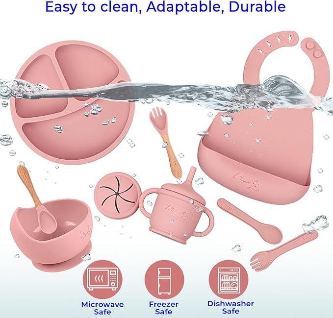 Silicone Baby Feeding Set, 10 Pcs Baby Led Weaning Supplies | BPA-Free Baby Dishes with Toddler Plates and Bowls Set, Silicone Bib, Suction Cup, Baby Spoons & Forks | Empower Independence – Pink