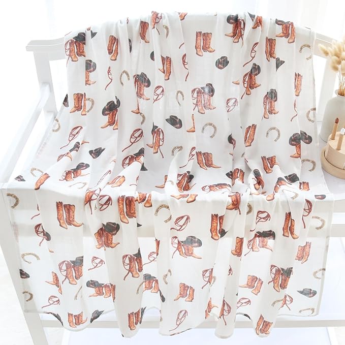 LifeTree Muslin Swaddle Blankets, Western Baby Swaddles for Boys Girls Newborn, Soft Large 47" x 47", Cowboy Boot Print Baby Blanket, 70% Viscose from Bamboo and 30% Cotton