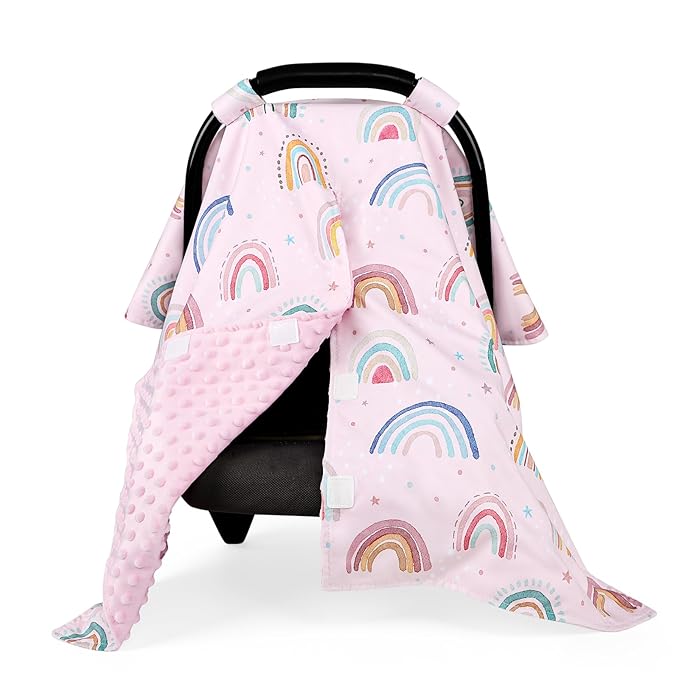 Car Seat Cover Baby, Peekaboo Opening Carseat Covers Baby Girl, Warm Minky Infant Car Seat Canopy, Multi-Use Cover Protecting Baby from Wind, Sun, Strangers, Pink Rainbow