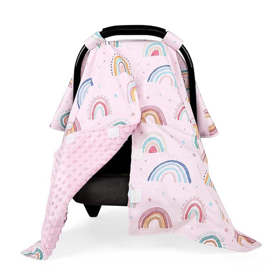 Car Seat Cover Baby, Peekaboo Opening Carseat Covers Baby Girl, Warm Minky Infant Car Seat Canopy, Multi-Use Cover Protecting Baby from Wind, Sun, Strangers, Pink Rainbow