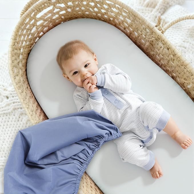 3 Pack Stretchy Bassinet Sheets - Universal Fit for Rectangle, Round, Oval, Hourglass Cradles & Moses Baskets - Soft Breathable Fitted Bassinet Sheets Set for Baby - Blue & Grey Star