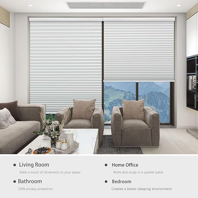 Changshade Cordless Blackout Cellular Shades for Indoor Windows Doors, Black Out Room Darkening HoneyComb Blinds Thermal Insulated 1.5 Inch Cell for Home, Bedroom, Bathroom, Nursey, 29"W×64"H, White