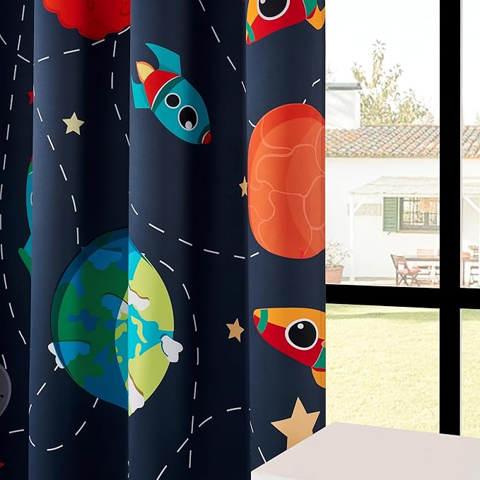 Kids Space Themed Blackout Curtains - 100% Blackout Perfect for Kids Room, Spark Kids Imagination with Vibrant Cosmos Designs, Noise Reduction, Thermal Insulated, (2 Panels W52×L96)