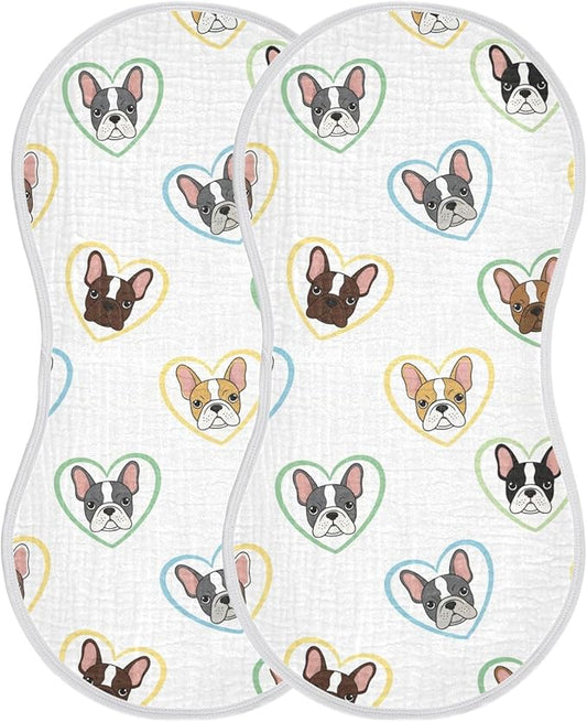 Qinllo 2 Pack Muslin Burp Cloths Bulldog Hearts White Cotton Baby Burp Cloths Absorbent Burping Cloth Soft Spit Up Rags for Newborn Babies Boys Girls 22x11 Inch