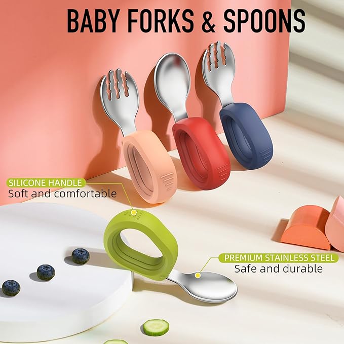 Yimido Toddler Utensils - Baby Forks and Spoons Set - Kids Stainless Steel Silverware - Children Safe - Self Feeding - Dishwasher Safe (Orange + Green)