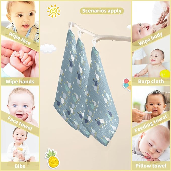 vvfelixl Baby Washcloths Cotton Funny Gooses Baby Muslin Washcloths Soft Baby Face Towel for Newborn Infants, 11.8 X 11.8 Inch, 5 Pack Blue