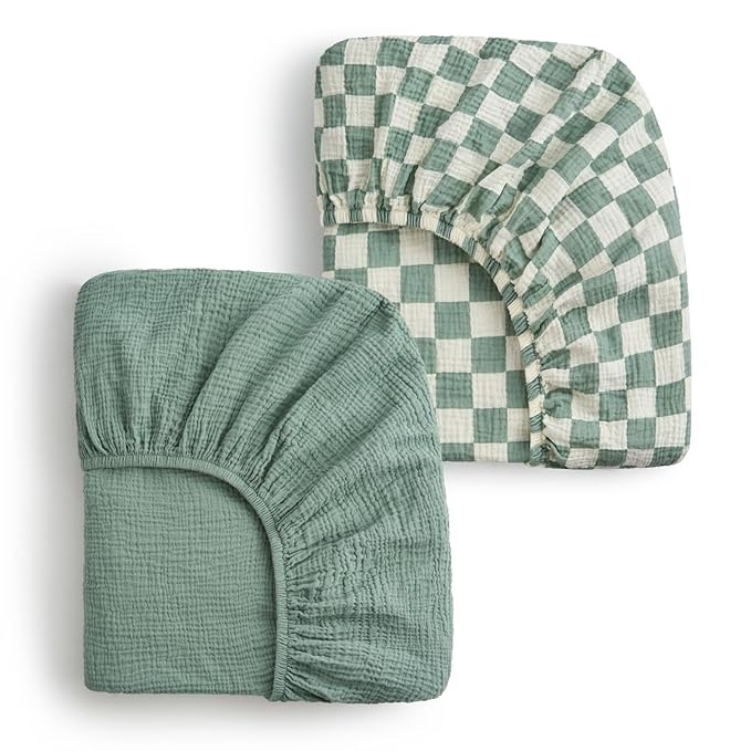 Blissful Diary Muslin Mini Crib Sheets, Pack and Play Mattress Sheets Fitted for Pack N Play, Soft Cotton for Boys Girls, 2 Pack(Sage Checkboard & Sage Green)