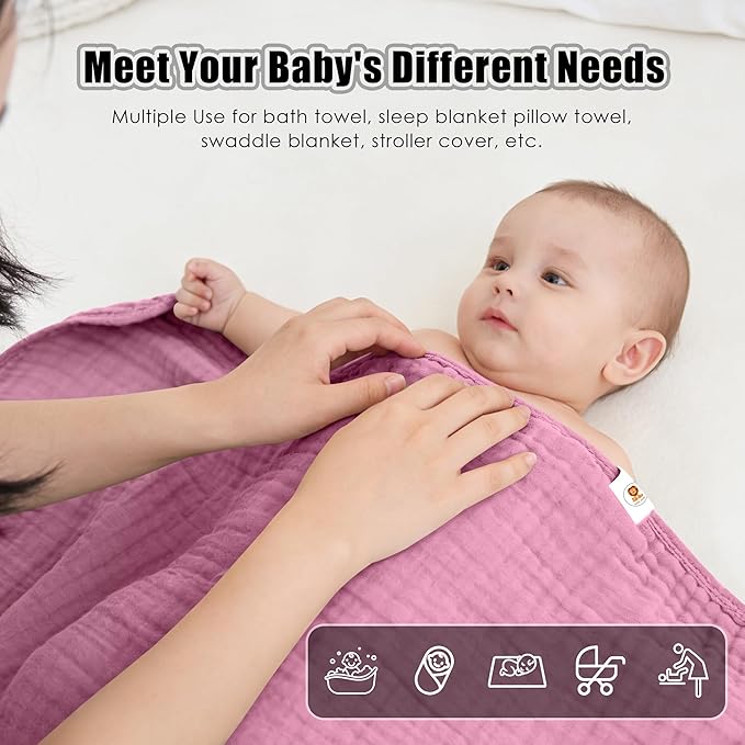 Sunny zzzZZ Muslin Hooded Baby Bath Towels - 3 Pack 100% Cotton Soft Low-Saturation Pastel Towels Including Classic White for Newborns, Infants, Toddlers - 32x32 Inch - Deep Sakura and White