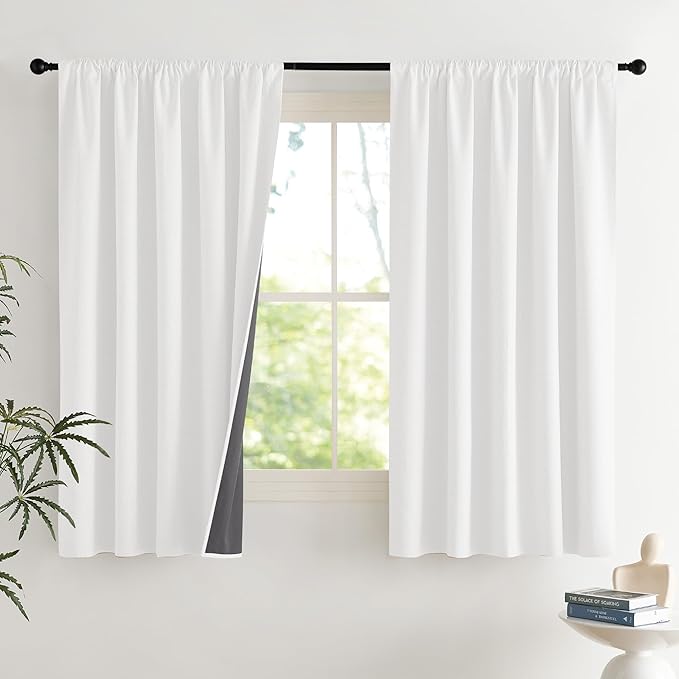NICETOWN Greyish White Linen Blend 100% Blackout 42 x 63 Inches Curtains, 2 Panels Set, Rod Pocket Style, Thermal Insulated & Noise Reducing Drapes for Bedroom, Modern, French, Nordic Style