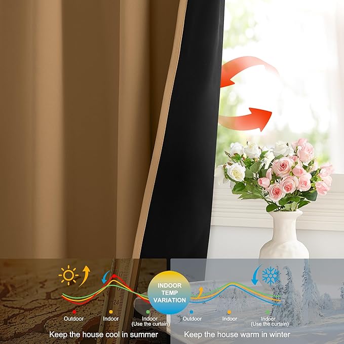NICETOWN Gold Brown 100% Blackout Curtains for Bedroom, 52x84 Inches Set of 3 for Living Room, Rod Pocket Back Tab & Noise Reducing Drapes Black Lined Insulated Window Treatment Panels