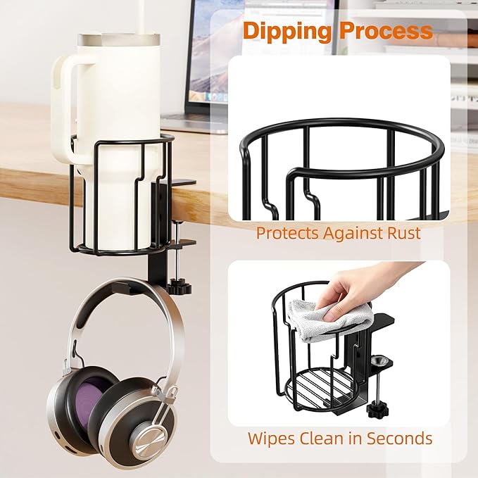 Large Desk Cup Holder, 2-in-1 Clip On Cup Holder with Headphone Hook, Heavy-Duty Metal Drink Holder for Insulated Tumblers, Big Water Bottles, Fits Office Desk Organizer, Dorm, Gaming Setup (1 Pack)