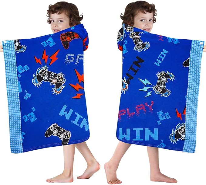 Hooded Beach Towel for Kids 3-10 Years- Soft Thick Cotton Video Gaming Gamepad Toddler Hood Bath Towels/Pool Terry Towel Poncho Wrap Absorbent Cute Bath & Swim Wrap for Boys & Girls-Blue