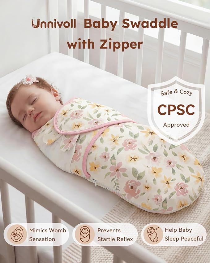 Baby Swaddles for Newborns with Zipper, 100% Cotton Newborn Swaddle Sack, 3 Pack Baby Swaddles 3-6 Months Swaddle Sleep Sack for Newborn Baby Boy Girl Pink Flower
