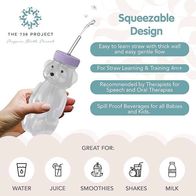 The 730 Project Honey Bear Straw Cup for Babies, 8-oz Honey Bear Cup with Lid, 3-Pack Therapy Learning Honeybear Straw, Baby Bottle Set, Unicorn PURPLE