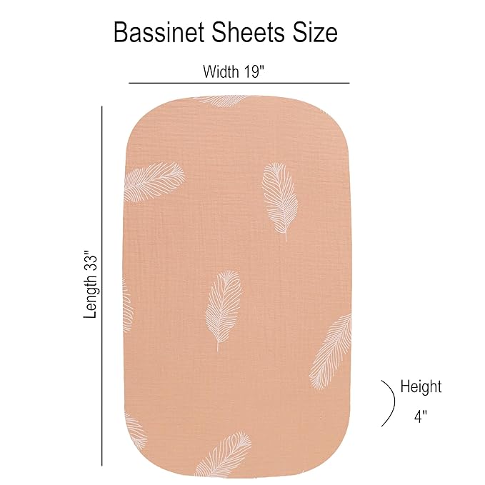 Onacosht Muslin Bassinet Sheets 3 Pack, 100% Cotton Baby Fitted Sheet 33" x 19" Compatible with Mika Micky, KoolaBaby (3 in 1), BabyBond, HARPPA and RICUTON Bedside Bassinet, Solid Pink and Feather
