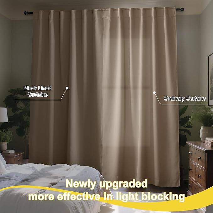 NICETOWN Taupe 100% Blackout Curtains for Bedroom, 52x84 Inches Set of 2 for Living Room, Rod Pocket Back Tab & Noise Reducing Drapes Black Lined Insulated Window Treatment Panels