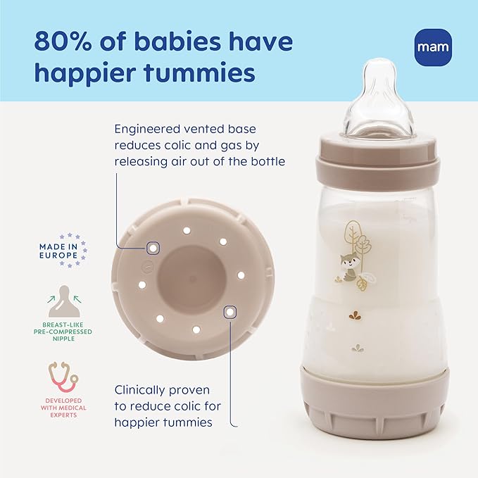 MAM 5oz Easy Start Anti-Colic Baby Bottles, Slow Flow with Bonus Medium Flow Nipple, Reduces Colic, Gas, & Reflux, Easy-to-Clean, BPA-Free, Baby Bottles for Newborns, 0-3 Months
