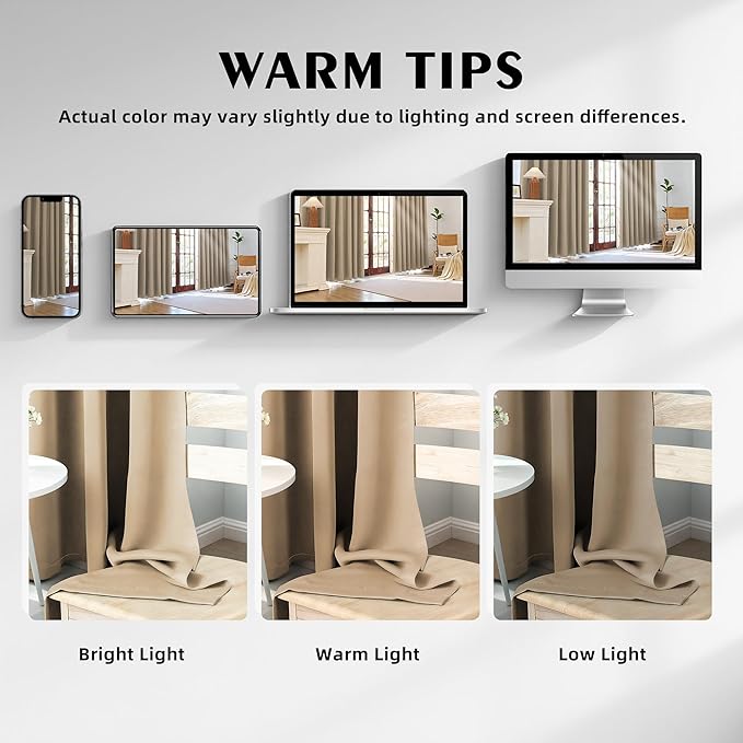 100% Blackout Curtains 84 Inch Length for Bedroom Living Room, Grommet Thermal Insulated Room Darkening Drapes, Light Blocking Window Treatment Decor, 2 Panels, 37x84, Taupe