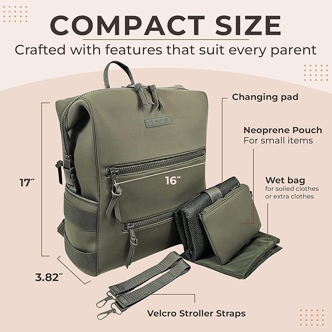Neoprene Diaper Bag, Minimalist Backpack Diaper Bag with Pouch, Changing Pad, and Stroller Straps, Water Resistant and Lightweight Dad Diaper Bag, Diaper Bag Backpack - Olive