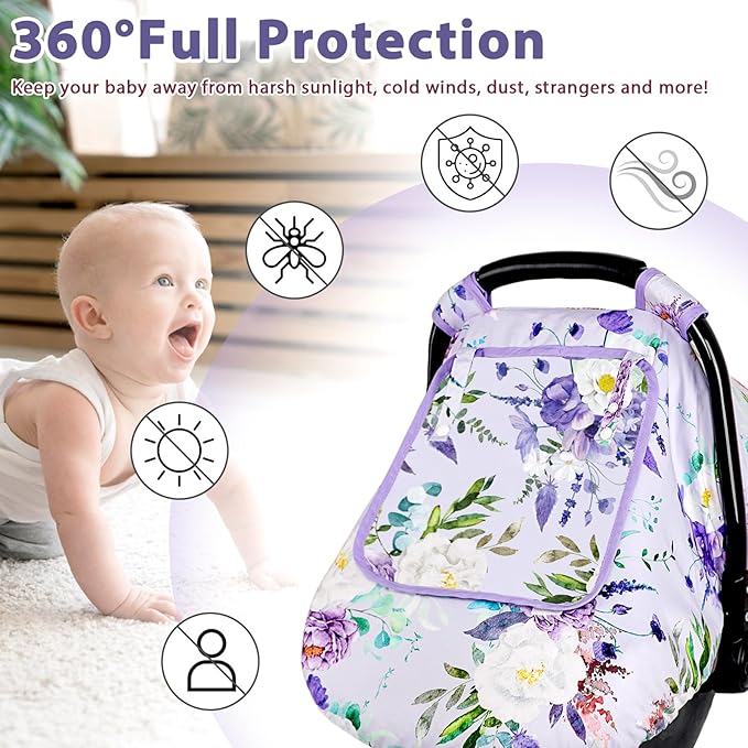 Car Seat Cover Baby Girl, Warm Winter Carseat Cover for Baby, Purple Floral Infant Car Seat Canopy with Peep Window, for Protecting Baby from Wind & Sun, Kick-Proof & Windproof