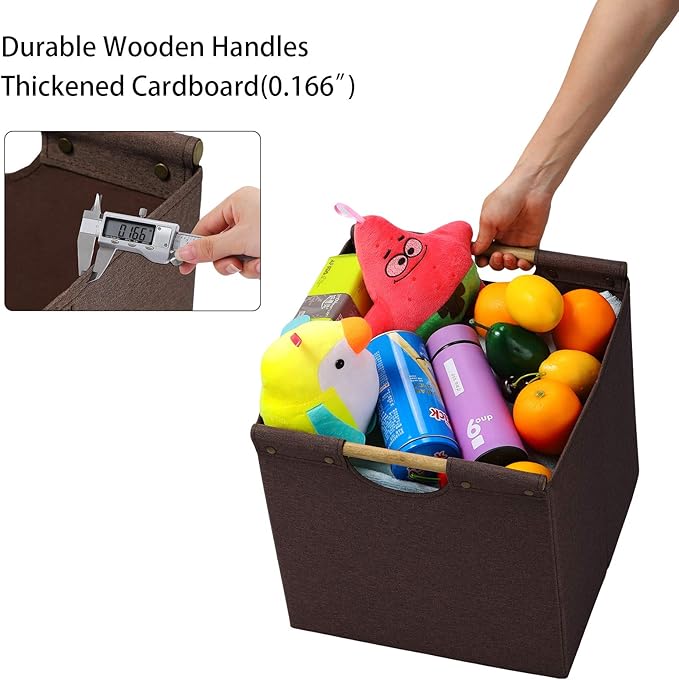 HOONEX Collapsible Storage Bins, 12x12x12in Storage Cubes Linen Fabric, Pack of 3, Storage Baskets with Wooden Carry Handles and Sturdy Heavy Cardboard, for Home, Office, Car, Nursery, Brown