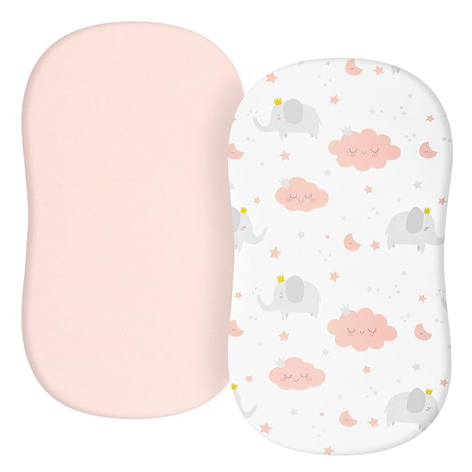 TILLYOU Baby Bassinet Sheets for Girls Boys 2 Pack Baby Sheets for Square Rectangle Oval Bassinet Mattress 33X16 Inch, Elephant & Cloud Pink