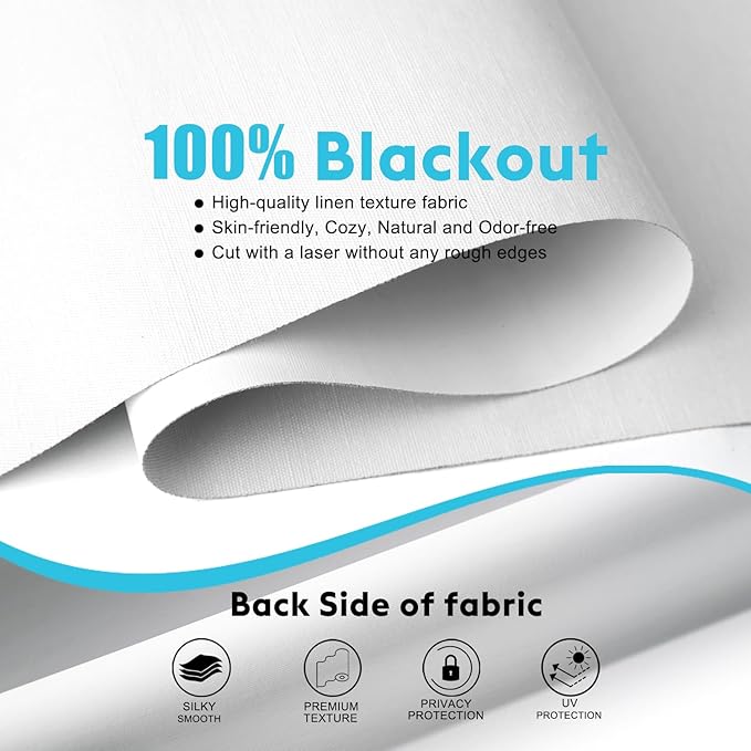100% Blackout Roller Shades, Free-Stop Cordless Roller Blinds for Windows, Thermal Insulated Linen Fabric Window Shades UV Protection for Home, Door, White, 50" W x 72" H