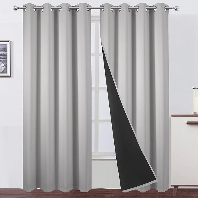 LEMOMO 100% Blackout Curtains 52 x 95 Inch/Light Grey Curtains 2 Panels with Black Lining Room Darkening Thermal Insulated Bedroom Curtains