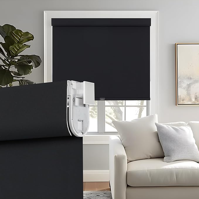 Persilux No Drill Roller Shades for Windows Blackout Shades, Free-Stop Window Blinds Cordless Blinds, UV Protection Window Shades Pull Down, Blackout Blinds for Bedroom Office (Black, 33.5"W x 72"H)