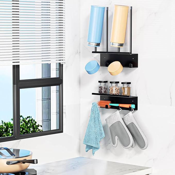 Wall Mounted Water Bottle Drying Rack, Baby Bottle Dryer Rack, Metal Cup Rack Dryer Stand, Mug Holder with Storage Rack, Mug Hooks for Bottle Cap, Bottle Drying Rack for Cups, Plastic Bags (Black)