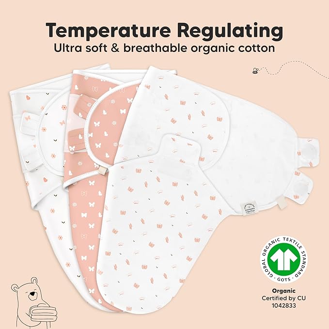 3-Pack Organic Baby Swaddle Sleep Sacks - Swaddles for Newborns, Infant 3-6 Months, Baby Girls, Boys, Soft & Snug Newborn Sleep Sack, Nursery Swaddling Blankets (Butterflies, L)