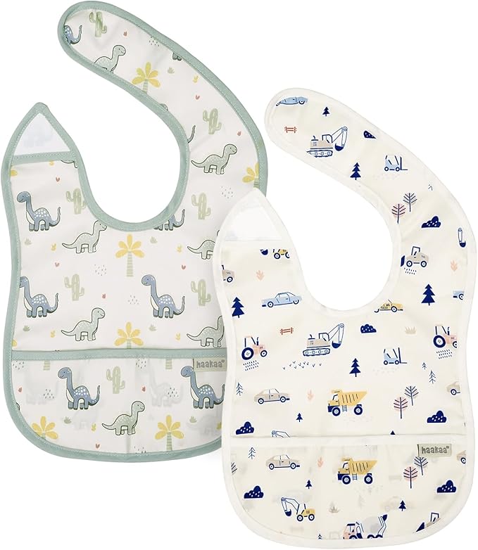 haakaa Waterproof Baby Bibs for Eating, Soft & Lightweight Toddler Bibs with Food Pocket, Easy Wipe Clean, Ages 6–24M, 2 Pack