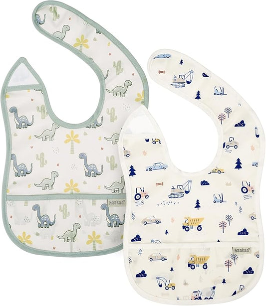 haakaa Waterproof Baby Bibs for Eating, Soft & Lightweight Toddler Bibs with Food Pocket, Easy Wipe Clean, Ages 6–24M, 2 Pack