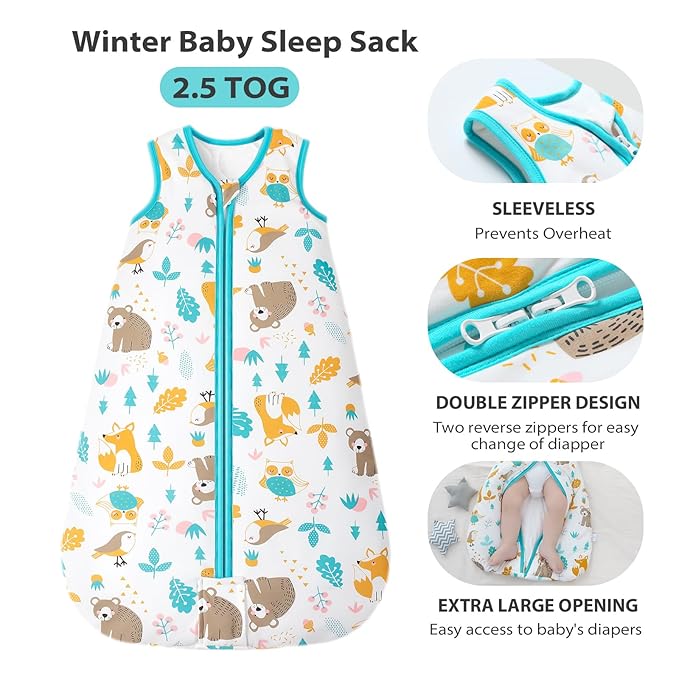 Mosebears Sleep Sack Baby Winter Wearable Blanket with 2-Way Zipper,2.5 TOG Cotton Sleep Sack Unisex (Animal World, 6-12 Months)