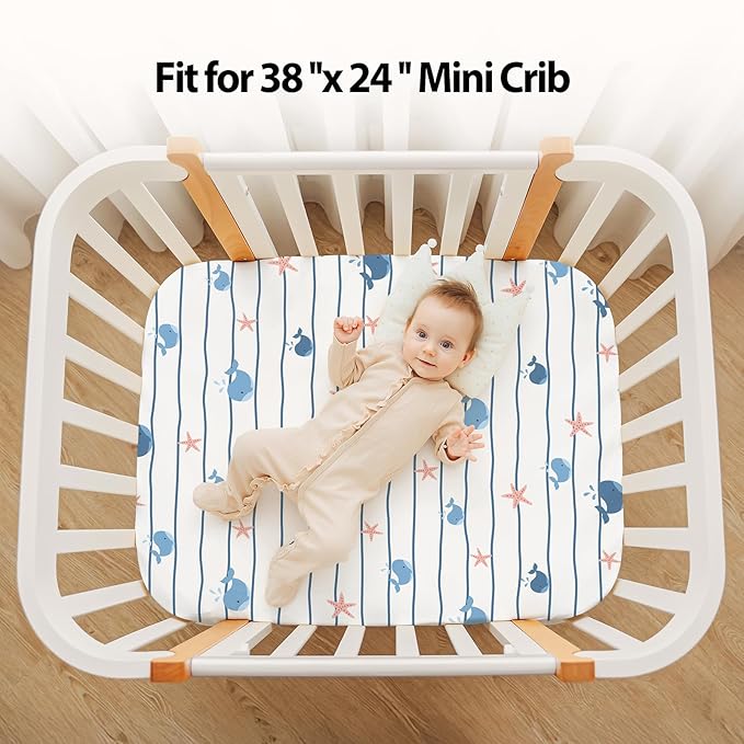 Baby Mini Crib Sheets Boy, Portable 38”x26” Pack and Play Sheets Fitted for Playard and Pack N Play Mattress, 3-Pack Soft Microfiber Blue Ocean Whale