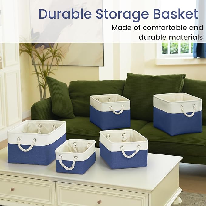 Large Storage Baskets- 15x11x10 inch Storage Bins for Shelves and Closet Organizing, Foldable Fabric Bin for Home Organization Clothes and Laundry (6-Pack, White&Blue)