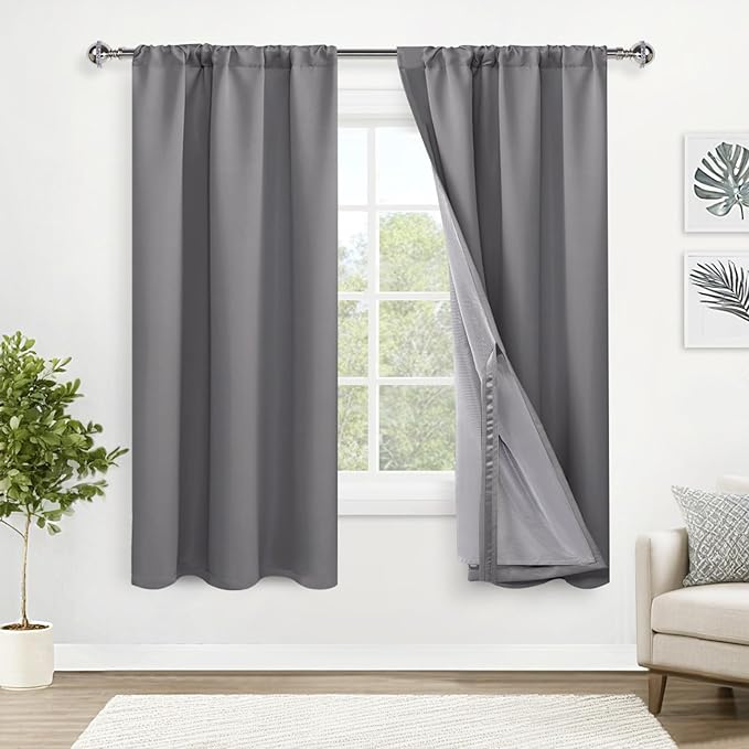 XWZO 100% Blackout Curtain Panels - Rod Pocket & Back Tab Thermal Insulated Black Liner, Noise Reducing Heat Blocking Drapes for Hall and Studio Windows with Tiebacks, Grey, W42 x L63, Set of 2