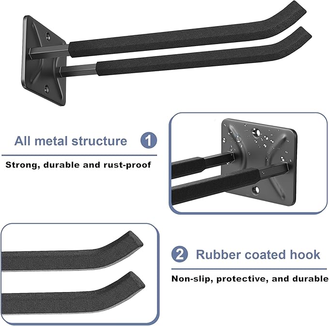 WALMANN Wall Mounted Garage Hooks, Heavy Duty 12-inch Tool Hooks for Hanging, Tool Hangers for Car Tires, Ladders, Folding Chairs, Strollers, Garden Tools (Pack of 4)