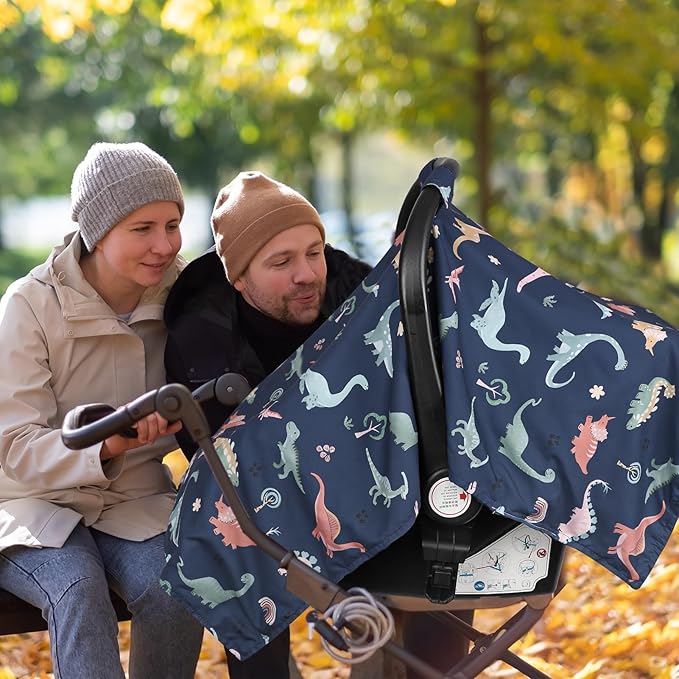 Car Seat Cover Baby, Peekaboo Opening Carseat Covers Baby Girl, Warm Minky Infant Car Seat Canopy, Multi-Use Cover Protecting Baby from Wind, Sun, Strangers, Blue Dinosaur
