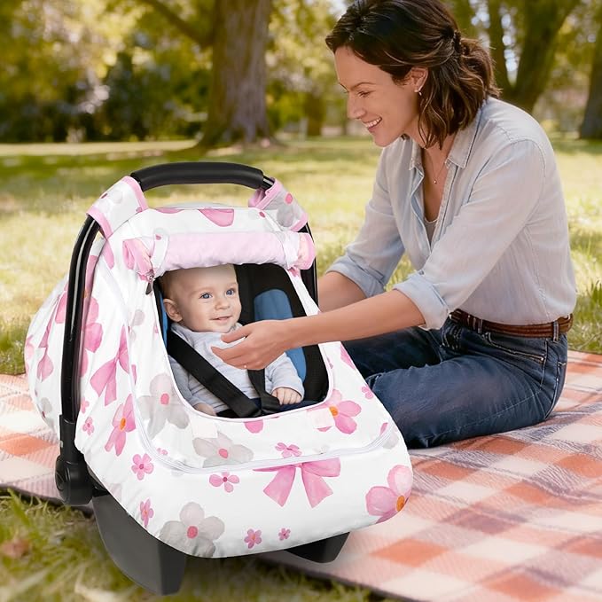 Hooyax Baby Car Seat Cover with Dual Zipper, Extra Large Mesh Window Carseat Canopy, All-Season Weather Protection for Infant Car Seats & Strollers (Pink Bow)